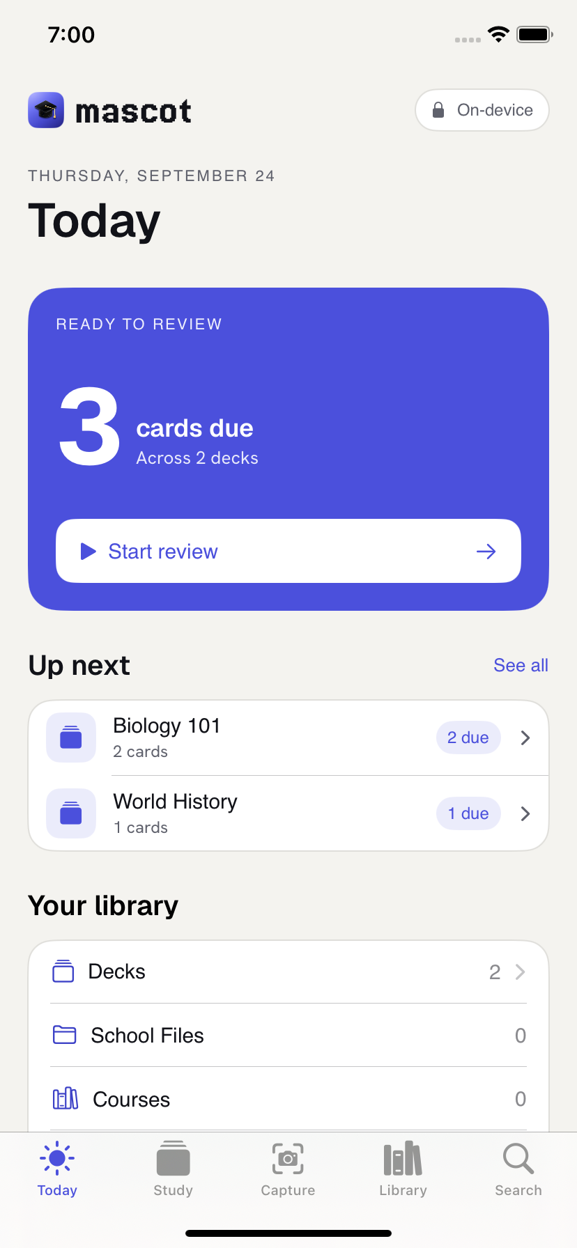 Mascot Today screen showing three due cards across two example decks.